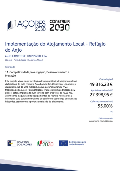 Primeira página da ficha de projeto da operação ACORES2030-FEDER-02311500